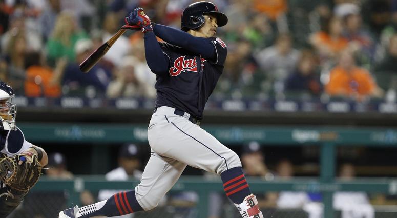 Cleveland Indians shortstop Francisco Lindor (12) hits a solo home run during the ninth inning against the Detroit Tigers at Comerica Park. Cleveland Indians shortstop Francisco Lindor (12) hits a solo home run during the ninth inning against the Detroit Tigers at Comerica Park.