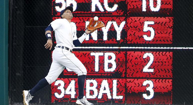 Jul 28, 2018; Detroit, MI, USA; Detroit Tigers center fielder Leonys Martin (12) makes a catch for an out during the eighth inning against the Cleveland Indians at Comerica Park. Jul 28, 2018; Detroit, MI, USA; Detroit Tigers center fielder Leonys Martin (12) makes a catch for an out during the eighth inning against the Cleveland Indians at Comerica Park.