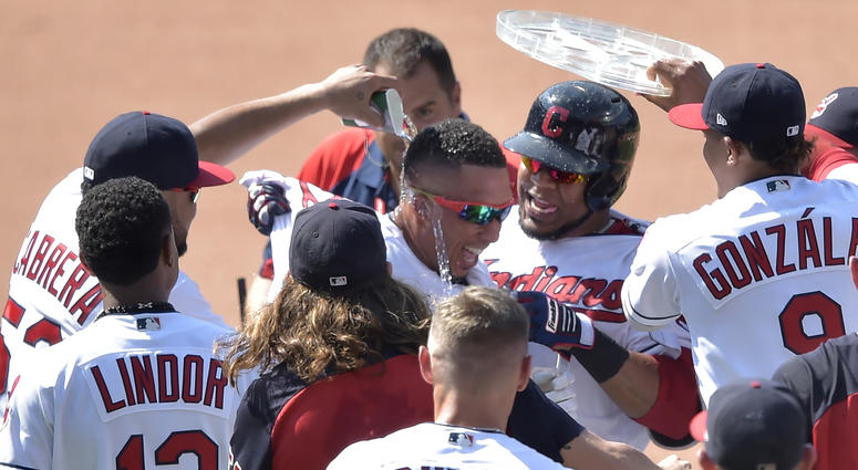 Aug 9, 2018; Cleveland, OH, USA; Cleveland Indians left fielder Michael Brantley (23), center, celebrates his game-winning single in the ninth inning against the Minnesota Twins at Progressive Field. Aug 9, 2018; Cleveland, OH, USA; Cleveland Indians left fielder Michael Brantley (23), center, celebrates his game-winning single in the ninth inning against the Minnesota Twins at Progressive Field.