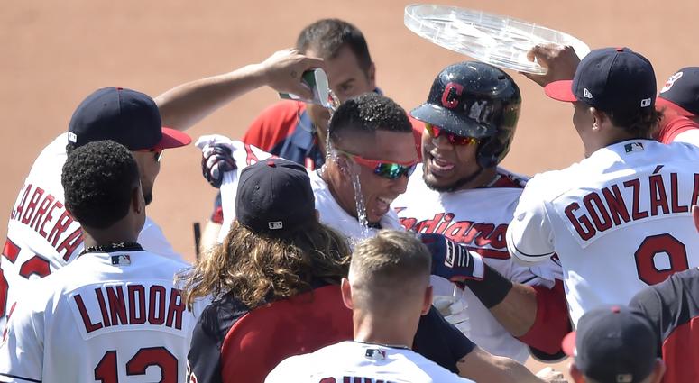 Aug 9, 2018; Cleveland, OH, USA; Cleveland Indians left fielder Michael Brantley (23), center, celebrates his game-winning single in the ninth inning against the Minnesota Twins at Progressive Field. Mandatory Credit: David Richard-USA TODAY Sports Aug 9, 2018; Cleveland, OH, USA; Cleveland Indians left fielder Michael Brantley (23), center, celebrates his game-winning single in the ninth inning against the Minnesota Twins at Progressive Field. Mandatory Credit: David Richard-USA TODAY Sports