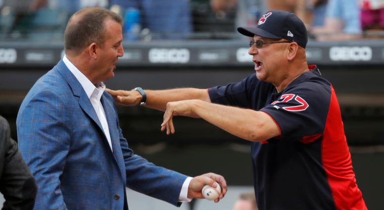 Aug 11, 2018; Chicago, IL, USA; Former Chicago White Sox player and Hall of Famer Jim Thome jokes with Cleveland Indians manager Terry Francona during a ceremony before a game between the Chicago White Sox and the Cleveland Indians at Guaranteed Rate Fiel Aug 11, 2018; Chicago, IL, USA; Former Chicago White Sox player and Hall of Famer Jim Thome jokes with Cleveland Indians manager Terry Francona during a ceremony before a game between the Chicago White Sox and the Cleveland Indians at Guaranteed Rate Fiel