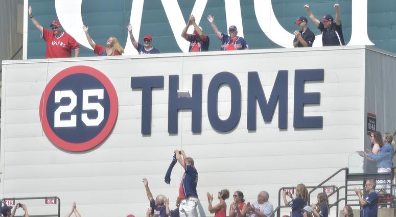 Aug 18, 2018; Cleveland, OH, USA; Fans cheer as the Cleveland Indians retired the uniform number of former Indians Jim Thome during a ceremony at Progressive Field. Mandatory Credit: David Richard-USA TODAY Sports Aug 18, 2018; Cleveland, OH, USA; Fans cheer as the Cleveland Indians retired the uniform number of former Indians Jim Thome during a ceremony at Progressive Field. Mandatory Credit: David Richard-USA TODAY Sports