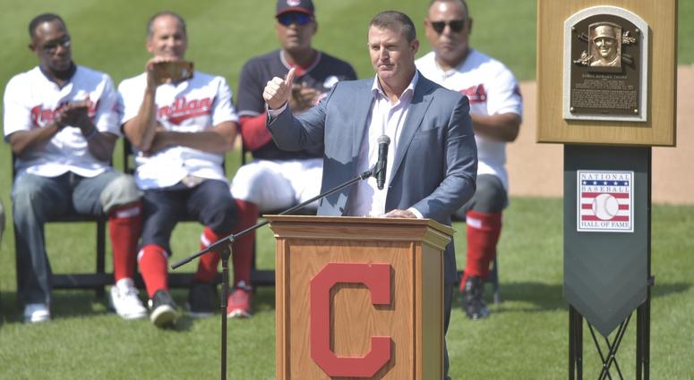 Aug 18, 2018; Cleveland, OH, USA; Former Cleveland Indians player Jim Thome speaks during his uniform number retirement ceremony at Progressive Field. Mandatory Credit: David Richard-USA TODAY Sports Aug 18, 2018; Cleveland, OH, USA; Former Cleveland Indians player Jim Thome speaks during his uniform number retirement ceremony at Progressive Field. Mandatory Credit: David Richard-USA TODAY Sports