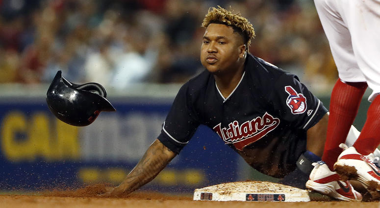 Aug 21, 2018; Boston, MA, USA; Cleveland Indians third baseman Jose Ramirez (11) steals second base safely as the throw goes into center field during the seventh inning at Fenway Park. Aug 21, 2018; Boston, MA, USA; Cleveland Indians third baseman Jose Ramirez (11) steals second base safely as the throw goes into center field during the seventh inning at Fenway Park.