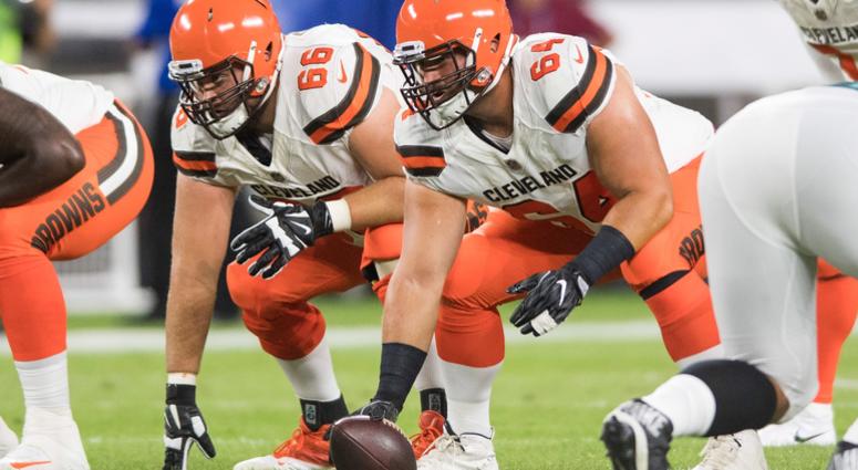 Cleveland Browns offensive guard Spencer Drango (66) and center JC Tretter (64) during the first quarter at FirstEnergy Stadium JC Tretter of the Cleveland Browns