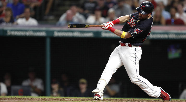 Sep 1, 2018; Cleveland, OH, USA; Cleveland Indians pinch hitter Jason Kipnis (22) hits a solo home run during the ninth inning against the Tampa Bay Rays at Progressive Field. Sep 1, 2018; Cleveland, OH, USA; Cleveland Indians pinch hitter Jason Kipnis (22) hits a solo home run during the ninth inning against the Tampa Bay Rays at Progressive Field.