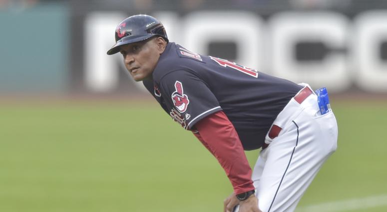 Sep 4, 2018; Cleveland, OH, USA; Cleveland Indians first base coach Sandy Alomar Jr. (15) reacts in the first inning against the Kansas City Royals at Progressive Field. Mandatory Credit: David Richard-USA TODAY Sports Sep 4, 2018; Cleveland, OH, USA; Cleveland Indians first base coach Sandy Alomar Jr. (15) reacts in the first inning against the Kansas City Royals at Progressive Field. Mandatory Credit: David Richard-USA TODAY Sports