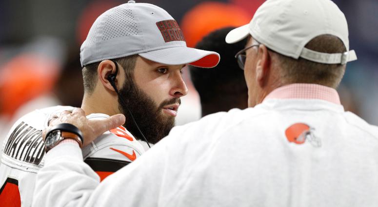 Cleveland Browns quarterback Baker Mayfield (6) talks with general manager John Dorsey (right) during the third quarter against the Detroit Lions at Ford Field. Cleveland Browns quarterback Baker Mayfield (6) talks with general manager John Dorsey (right) during the third quarter against the Detroit Lions at Ford Field.