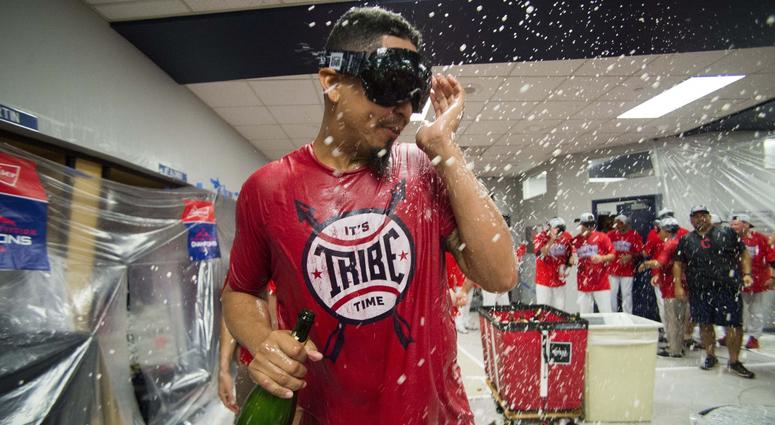 Sep 15, 2018; Cleveland, OH, USA; Cleveland Indians starting pitcher Carlos Carrasco (59) celebrates after defeating the Detroit Tigers to clinch the American League Central Division at Progressive Field. Mandatory Credit: Ken Blaze-USA TODAY Sports Sep 15, 2018; Cleveland, OH, USA; Cleveland Indians starting pitcher Carlos Carrasco (59) celebrates after defeating the Detroit Tigers to clinch the American League Central Division at Progressive Field. Mandatory Credit: Ken Blaze-USA TODAY Sports