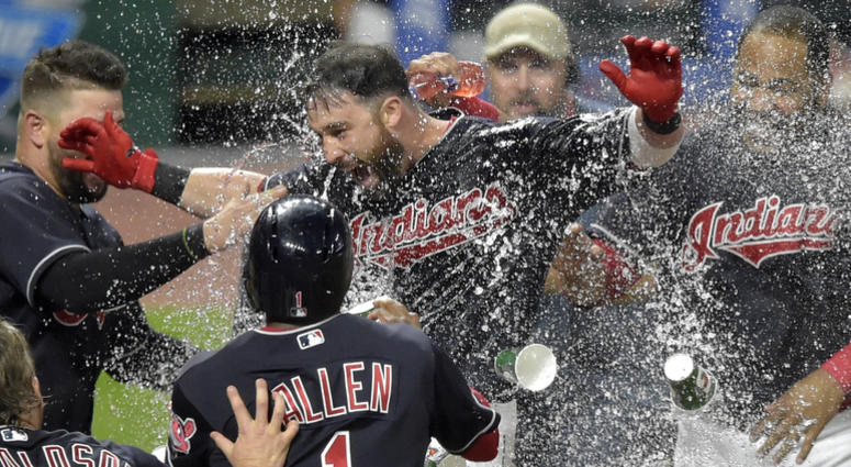 Sep 19, 2018; Cleveland, OH, USA; Cleveland Indians center fielder Jason Kipnis (22) celebrates his game-winning grand slam in the ninth inning against the Chicago White Sox at Progressive Field. Sep 19, 2018; Cleveland, OH, USA; Cleveland Indians center fielder Jason Kipnis (22) celebrates his game-winning grand slam in the ninth inning against the Chicago White Sox at Progressive Field.