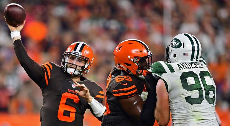 Cleveland Browns quarterback Baker Mayfield (6) throws a pass during the first half of a game at FirstEnergy Stadium. Cleveland Browns Baker Mayfield New York Jets