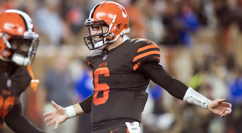Cleveland Browns quarterback Baker Mayfield (6) celebrates after Cleveland Browns running back Carlos Hyde (not pictured) scores a touchdown during the second half against the New York Jets at FirstEnergy Stadium Baker Mayfield Cleveland Browns New York Jets