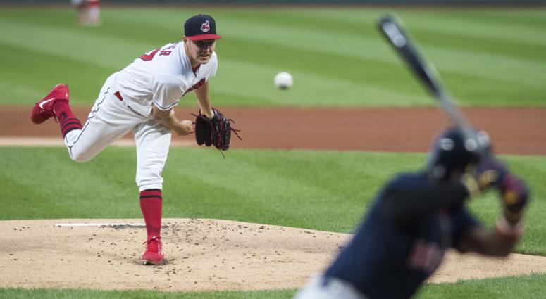 Cleveland Indians starting pitcher Trevor Bauer (47) throws a pitch to Boston Red Sox designated hitter J.D. Martinez (28) during the first inning at Progressive Field. Cleveland Indians starting pitcher Trevor Bauer (47) throws a pitch to Boston Red Sox designated hitter J.D. Martinez (28) during the first inning at Progressive Field.