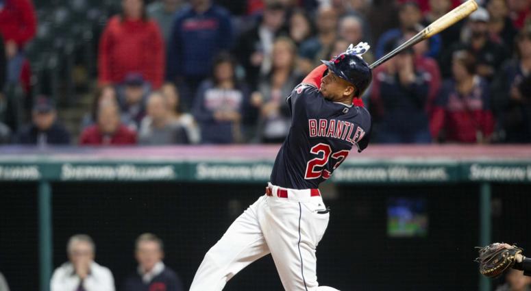Sep 22, 2018; Cleveland, OH, USA; Cleveland Indians left fielder Michael Brantley (23) hits a single to score the game winning run against the Boston Red Sox during the eleventh inning at Progressive Field. The Indians won 5-4. Mandatory Credit: Scott R. Sep 22, 2018; Cleveland, OH, USA; Cleveland Indians left fielder Michael Brantley (23) hits a single to score the game winning run against the Boston Red Sox during the eleventh inning at Progressive Field. The Indians won 5-4. Mandatory Credit: Scott R.