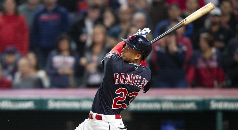 Sep 22, 2018; Cleveland, OH, USA; Cleveland Indians left fielder Michael Brantley (23) hits a single to score the game winning run against the Boston Red Sox during the eleventh inning at Progressive Field. The Indians won 5-4. Mandatory Credit: Scott R. Sep 22, 2018; Cleveland, OH, USA; Cleveland Indians left fielder Michael Brantley (23) hits a single to score the game winning run against the Boston Red Sox during the eleventh inning at Progressive Field. The Indians won 5-4. Mandatory Credit: Scott R.