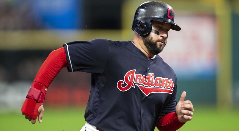 Sep 23, 2018; Cleveland, OH, USA; Cleveland Indians first baseman Yonder Alonso (17) runs toward home plate on a two-run hit by left fielder Michael Brantley (23) during the fourth inning against the Boston Red Sox at Progressive Field. Mandatory Credit: Sep 23, 2018; Cleveland, OH, USA; Cleveland Indians first baseman Yonder Alonso (17) runs toward home plate on a two-run hit by left fielder Michael Brantley (23) during the fourth inning against the Boston Red Sox at Progressive Field. Mandatory Credit: