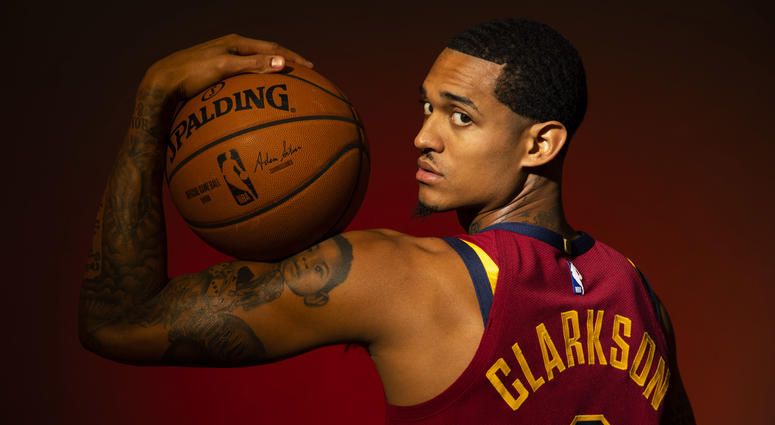 Sep 24, 2018; Cleveland, OH, USA; Cleveland Cavaliers guard Jordan Clarkson (8) poses during Cavs Media Day at Cleveland Clinic Courts. Sep 24, 2018; Cleveland, OH, USA; Cleveland Cavaliers guard Jordan Clarkson (8) poses during Cavs Media Day at Cleveland Clinic Courts.