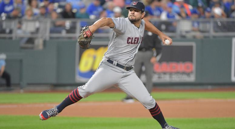 Sep 29, 2018; Kansas City, MO, USA; Cleveland Indians relief pitcher Brad Hand (33) delivers a pitch in the eighth inning against the Kansas City Royals at Kauffman Stadium. The Royals won 9-4. Sep 29, 2018; Kansas City, MO, USA; Cleveland Indians relief pitcher Brad Hand (33) delivers a pitch in the eighth inning against the Kansas City Royals at Kauffman Stadium. The Royals won 9-4.