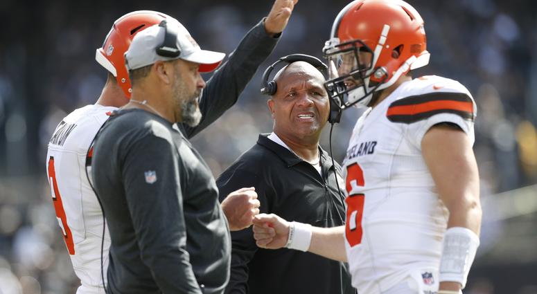 Cleveland Browns head coach Hue Jackson stands on the sideline after a Browns touchdown against the Oakland Raiders in the second quarter at Oakland Coliseum. Cleveland Browns head coach Hue Jackson stands on the sideline after a Browns touchdown against the Oakland Raiders in the second quarter at Oakland Coliseum.