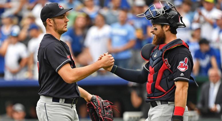 Sep 30, 2018; Kansas City, MO, USA; Cleveland Indians starting pitcher Trevor Bauer (47) shakes hands with catcher Eric Haase (38) after beating the Kansas City Royals at Kauffman Stadium. Mandatory Credit: Peter G. Aiken/USA TODAY Sports Sep 30, 2018; Kansas City, MO, USA; Cleveland Indians starting pitcher Trevor Bauer (47) shakes hands with catcher Eric Haase (38) after beating the Kansas City Royals at Kauffman Stadium. Mandatory Credit: Peter G. Aiken/USA TODAY Sports