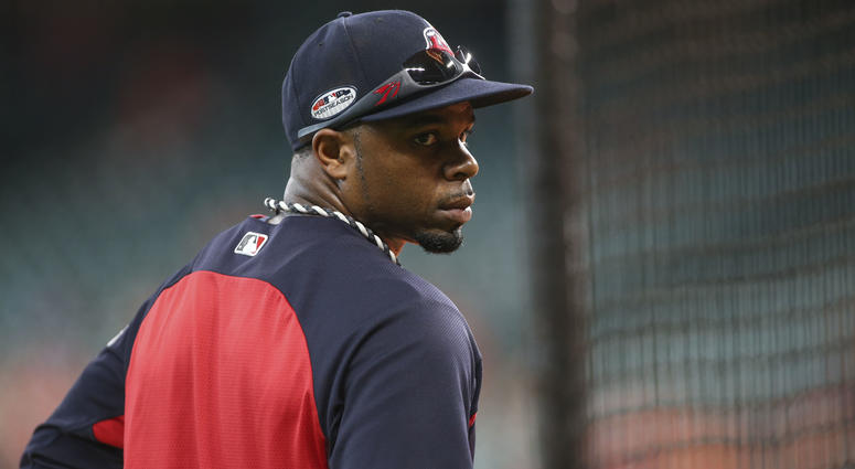 Oct 5, 2018; Houston, TX, USA; Cleveland Indians center fielder Rajai Davis (26) stands outside the batting cage before game one of the 2018 ALDS playoff baseball series against the Houston Astros at Minute Maid Park. Oct 5, 2018; Houston, TX, USA; Cleveland Indians center fielder Rajai Davis (26) stands outside the batting cage before game one of the 2018 ALDS playoff baseball series against the Houston Astros at Minute Maid Park.