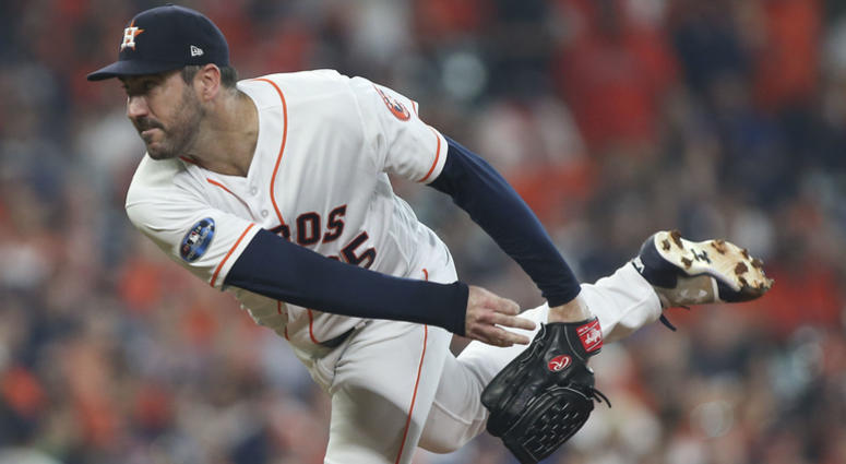 Oct 5, 2018; Houston, TX, USA; Houston Astros starting pitcher Justin Verlander (35) delivers a pitch during the first inning in game one of the 2018 ALDS playoff baseball series against the Cleveland Indians at Minute Maid Park. Oct 5, 2018; Houston, TX, USA; Houston Astros starting pitcher Justin Verlander (35) delivers a pitch during the first inning in game one of the 2018 ALDS playoff baseball series against the Cleveland Indians at Minute Maid Park.