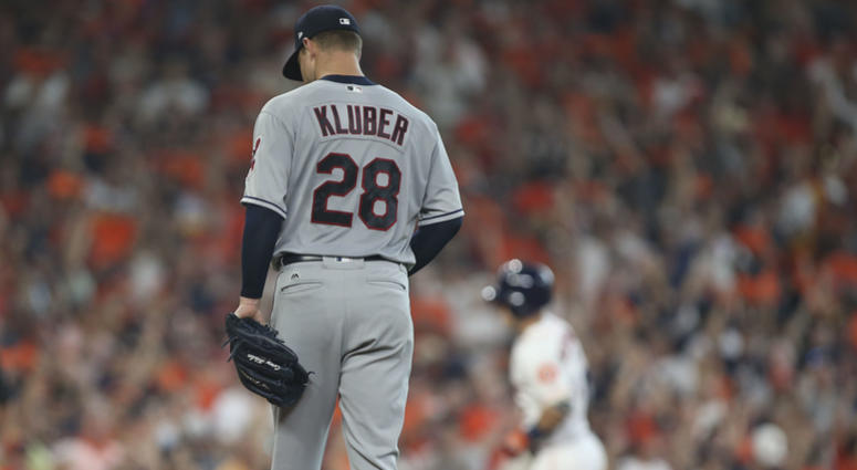 Oct 5, 2018; Houston, TX, USA; Cleveland Indians starting pitcher Corey Kluber (28) reacts after Houston Astros third baseman Alex Bregman (2) hit a solo home run during the fourth inning in game one of the 2018 ALDS playoff baseball series at Minute Maid Oct 5, 2018; Houston, TX, USA; Cleveland Indians starting pitcher Corey Kluber (28) reacts after Houston Astros third baseman Alex Bregman (2) hit a solo home run during the fourth inning in game one of the 2018 ALDS playoff baseball series at Minute Maid