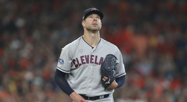 Cleveland Indians starting pitcher Corey Kluber (28) looks at a single by Houston Astros left fielder Marwin Gonzalez (not pictured) during the fifth inning in game one of the 2018 ALDS playoff baseball series at Minute Maid Park. Cleveland Indians starting pitcher Corey Kluber (28) looks at a single by Houston Astros left fielder Marwin Gonzalez (not pictured) during the fifth inning in game one of the 2018 ALDS playoff baseball series at Minute Maid Park.