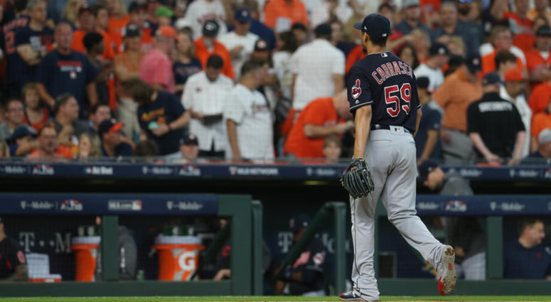 Oct 6, 2018; Houston, TX, USA; Cleveland Indians starting pitcher Carlos Carrasco (59) is pulled from the game during the sixth inning against the Houston Astros during game two of the 2018 ALDS playoff baseball series at Minute Maid Park Oct 6, 2018; Houston, TX, USA; Cleveland Indians starting pitcher Carlos Carrasco (59) is pulled from the game during the sixth inning against the Houston Astros during game two of the 2018 ALDS playoff baseball series at Minute Maid Park