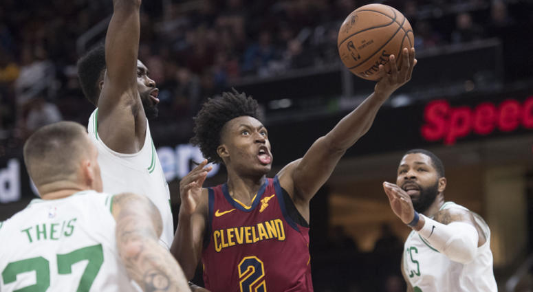 Oct 6, 2018; Cleveland, OH, USA; Cleveland Cavaliers guard Collin Sexton (2) drives to the basket against the Boston Celtics during the first half at Quicken Loans Arena. Oct 6, 2018; Cleveland, OH, USA; Cleveland Cavaliers guard Collin Sexton (2) drives to the basket against the Boston Celtics during the first half at Quicken Loans Arena.