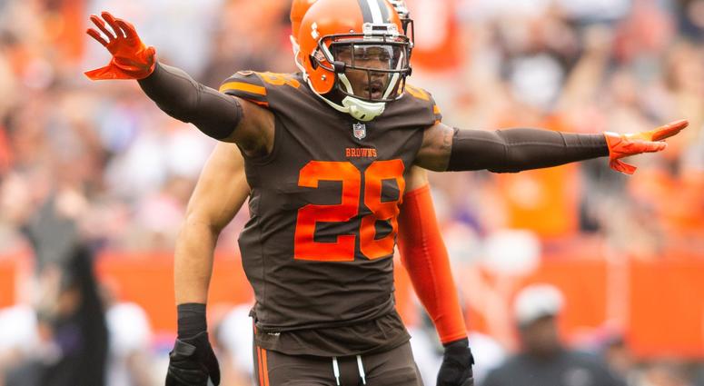 Cleveland Browns defensive back E.J. Gaines (28) celebrates after breaking up a pass for the Baltimore Ravens during the first quarter at FirstEnergy Stadium. EJ Gaines Cleveland Browns