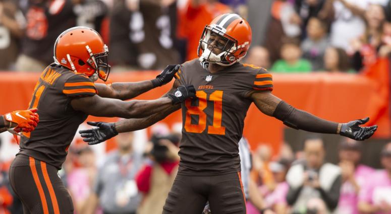 Cleveland Browns wide receiver Rashard Higgins (81) celebrates his touchdown against the Baltimore Ravens with wide receiver Antonio Callaway (11) during the second quarter at FirstEnergy Stadium. Rashard Higgins Cleveland Browns