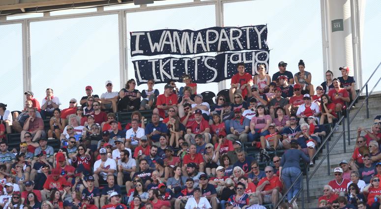 Oct 8, 2018; Cleveland, OH, USA; Fans display a sign in the game between the Cleveland Indians and the Houston Astros during game three of the 2018 ALDS playoff baseball series at Progressive Field. Oct 8, 2018; Cleveland, OH, USA; Fans display a sign in the game between the Cleveland Indians and the Houston Astros during game three of the 2018 ALDS playoff baseball series at Progressive Field.