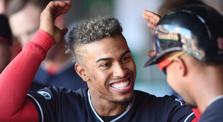 Oct 8, 2018; Cleveland, OH, USA; Cleveland Indians shortstop Francisco Lindor (12) celebrates a play with left fielder Michael Brantley (23) third inning against the Houston Astros during game three of the 2018 ALDS playoff baseball series at Progressive Oct 8, 2018; Cleveland, OH, USA; Cleveland Indians shortstop Francisco Lindor (12) celebrates a play with left fielder Michael Brantley (23) third inning against the Houston Astros during game three of the 2018 ALDS playoff baseball series at Progressive