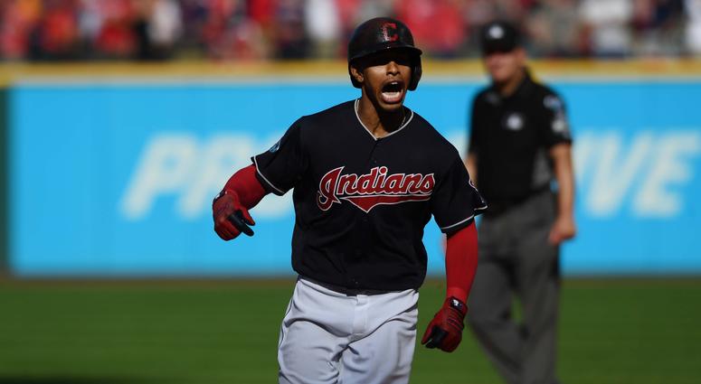 Oct 8, 2018; Cleveland, OH, USA; Cleveland Indians shortstop Francisco Lindor (12) celebrates a home run in the fifth inning against the Houston Astros during game three of the 2018 ALDS playoff baseball series at Progressive Field. Mandatory Credit: Ken Oct 8, 2018; Cleveland, OH, USA; Cleveland Indians shortstop Francisco Lindor (12) celebrates a home run in the fifth inning against the Houston Astros during game three of the 2018 ALDS playoff baseball series at Progressive Field. Mandatory Credit: Ken