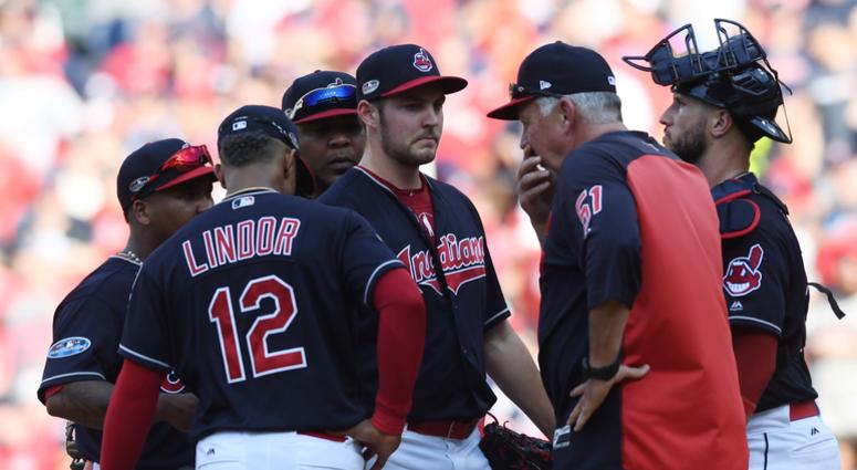 Oct 8, 2018; Cleveland, OH, USA; Cleveland Indians pitching coach Carl Willis (51) talks to starting pitcher Trevor Bauer (47) in the seventh inning against the Houston Astros during game three of the 2018 ALDS playoff baseball series at Progressive Field Oct 8, 2018; Cleveland, OH, USA; Cleveland Indians pitching coach Carl Willis (51) talks to starting pitcher Trevor Bauer (47) in the seventh inning against the Houston Astros during game three of the 2018 ALDS playoff baseball series at Progressive Field