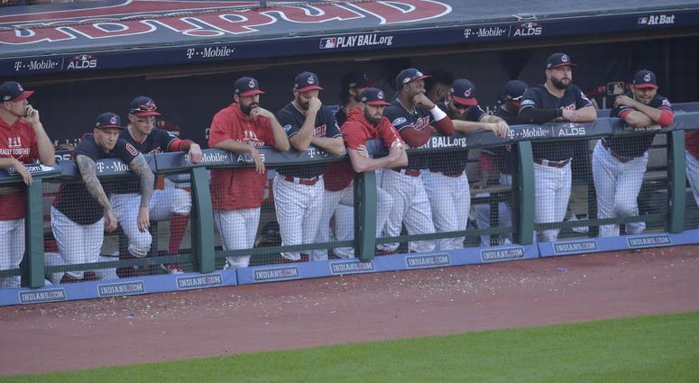Oct 8, 2018; Cleveland, OH, USA; Cleveland Indians watch the game in the ninth inning against the Houston Astros during game three of the 2018 ALDS playoff baseball series at Progressive Field. Mandatory Credit: David Richard-USA TODAY Sports Oct 8, 2018; Cleveland, OH, USA; Cleveland Indians watch the game in the ninth inning against the Houston Astros during game three of the 2018 ALDS playoff baseball series at Progressive Field. Mandatory Credit: David Richard-USA TODAY Sports