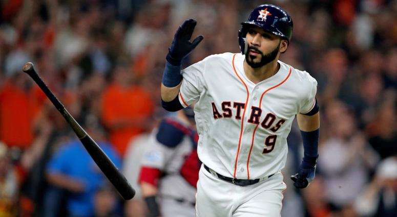 Oct 16, 2018; Houston, TX, USA; Houston Astros left fielder Marwin Gonzalez (9) flips his bat after singling in a run in the first inning against the Boston Red Sox in game three of the 2018 ALCS playoff baseball series at Minute Maid Park. Mandatory Cred Oct 16, 2018; Houston, TX, USA; Houston Astros left fielder Marwin Gonzalez (9) flips his bat after singling in a run in the first inning against the Boston Red Sox in game three of the 2018 ALCS playoff baseball series at Minute Maid Park. Mandatory Cred
