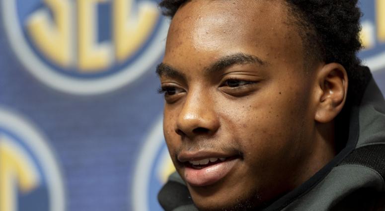 Oct 17, 2018; Birmingham, AL, USA; Vanderbilt Commodores guard Darius Garland talks with the media during the SEC men's basketball media day at Grand Bohemian Hotel Mountain Brook. Oct 17, 2018; Birmingham, AL, USA; Vanderbilt Commodores guard Darius Garland talks with the media during the SEC men's basketball media day at Grand Bohemian Hotel Mountain Brook.