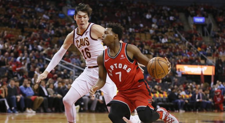 oronto Raptors guard Kyle Lowry (7) drives to the net against Cleveland Cavaliers forward Cedi Osman (16) at Scotiabank Arena. Toronto defeated Cleveland. oronto Raptors guard Kyle Lowry (7) drives to the net against Cleveland Cavaliers forward Cedi Osman (16) at Scotiabank Arena. Toronto defeated Cleveland.
