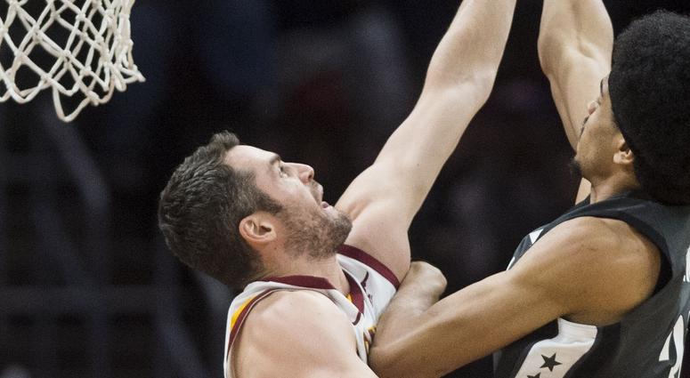 Cleveland Cavaliers forward Kevin Love (0) goes for the block on the shot of Brooklyn Nets center Jarrett Allen (31) during the first quarter at Quicken Loans Arena. Cleveland Cavaliers forward Kevin Love (0) goes for the block on the shot of Brooklyn Nets center Jarrett Allen (31) during the first quarter at Quicken Loans Arena.