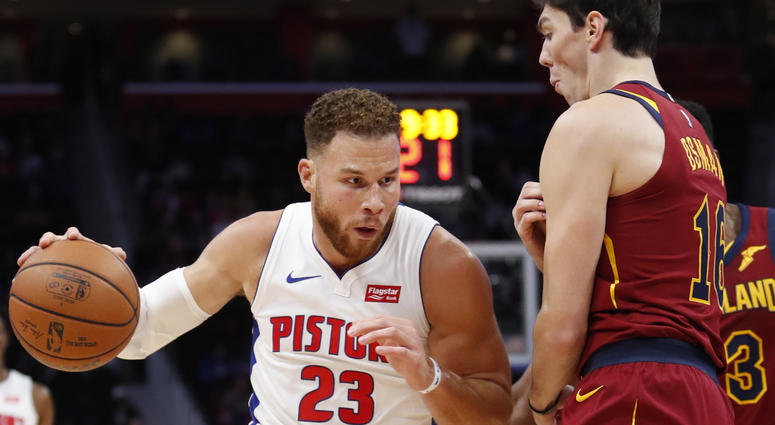 Oct 25, 2018; Detroit, MI, USA; Detroit Pistons forward Blake Griffin (23) dribbles the ball around Cleveland Cavaliers forward Cedi Osman (16) during the first quarter at Little Caesars Arena. Mandatory Credit: Raj Mehta-USA TODAY Sports Oct 25, 2018; Detroit, MI, USA; Detroit Pistons forward Blake Griffin (23) dribbles the ball around Cleveland Cavaliers forward Cedi Osman (16) during the first quarter at Little Caesars Arena. Mandatory Credit: Raj Mehta-USA TODAY Sports