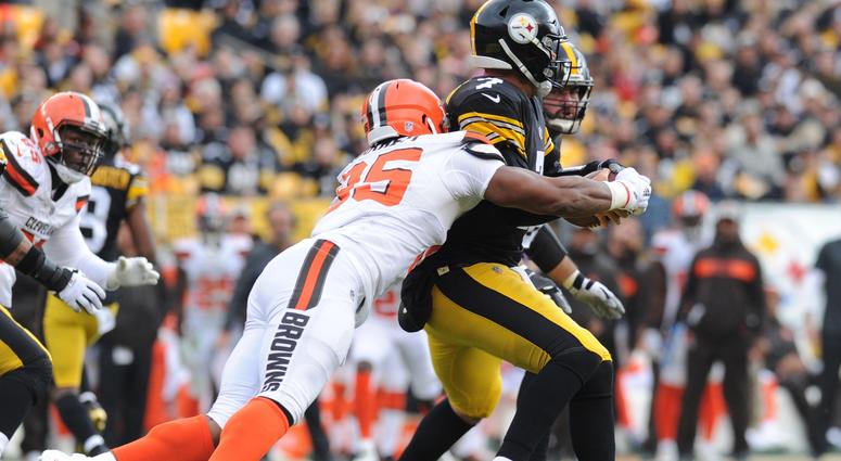 Pittsburgh Steelers quarterback Ben Roethlisberger (7) is sacked by Cleveland Browns defensive lineman Myles Garrett (95) during the first quarter at Heinz Field. Myles Garrett Ben Roethlisberger sack