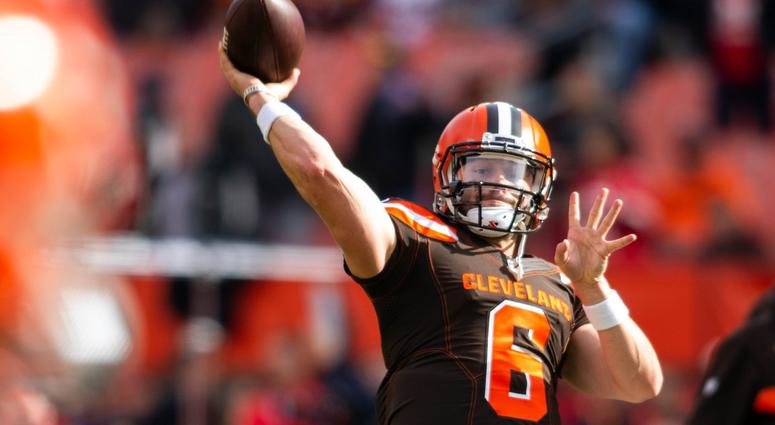 Cleveland Browns quarterback Baker Mayfield (6) throws a pass during warmups before the game against the Kansas City Chiefs at FirstEnergy Stadium. Baker Mayfield Cleveland Browns
