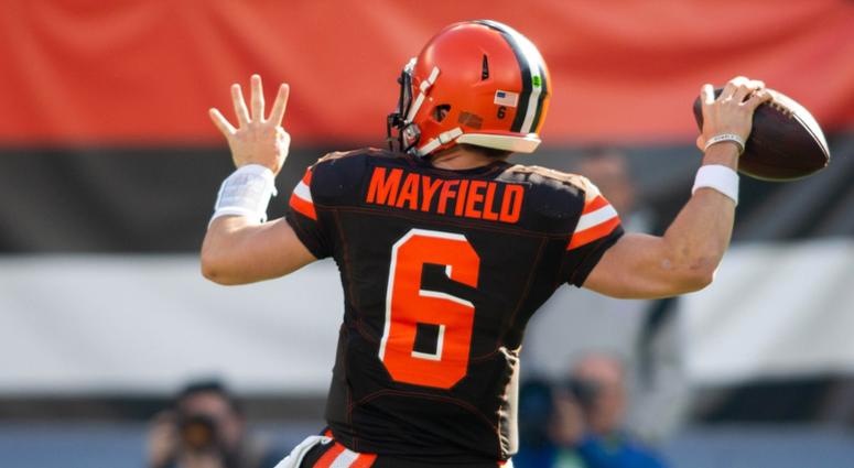 Cleveland Browns quarterback Baker Mayfield (6) completes a pass against the Kansas City Chiefs during the first quarter at FirstEnergy Stadium. Cleveland Browns quarterback Baker Mayfield (6) completes a pass against the Kansas City Chiefs during the first quarter at FirstEnergy Stadium.