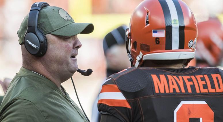 Cleveland Browns offensive coordinator Freddie Kitchens talks with quarterback Baker Mayfield (6) during the second half against the Atlanta Falcons at FirstEnergy Stadium.