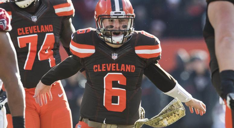 Cleveland Browns quarterback Baker Mayfield (6) celebrates after throwing a touchdown pass during the second half against the Atlanta Falcons at FirstEnergy Stadium. Baker Mayfield touchdown against Atlanta Falcons