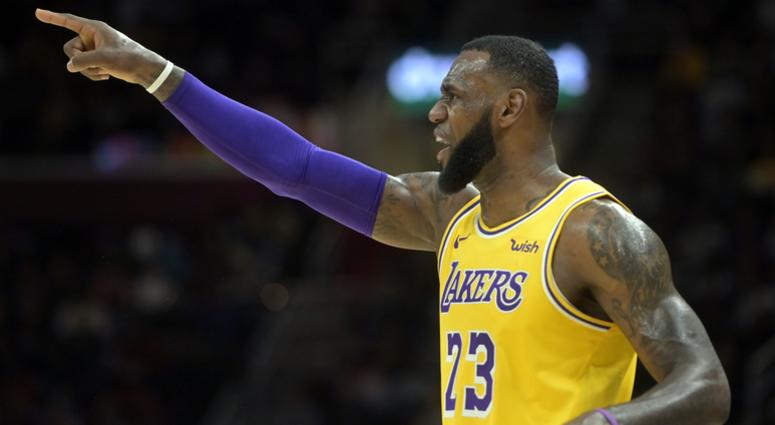 Los Angeles Lakers forward LeBron James (23) reacts in the second quarter against the Cleveland Cavaliers at Quicken Loans Arena.