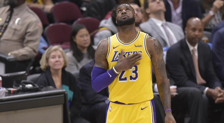 Los Angeles Lakers forward LeBron James (23) reacts in the third quarter against the Cleveland Cavaliers at Quicken Loans Arena. Los Angeles Lakers forward LeBron James (23) reacts in the third quarter against the Cleveland Cavaliers at Quicken Loans Arena.