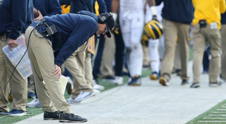 Michigan Wolverines head coach Jim Harbaugh reacts as time winds down against the Ohio State Buckeyes at Ohio Stadium. Jim Harbaugh